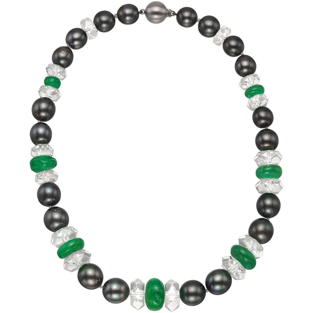 Tahitian Pearl Emerald Rock Crystal Bead Necklace