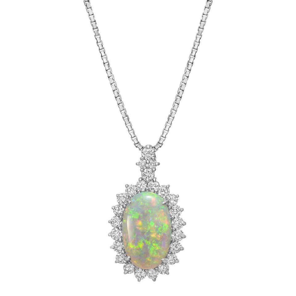 Oval Opal Diamond Cluster Pendant Necklace at 1stDibs