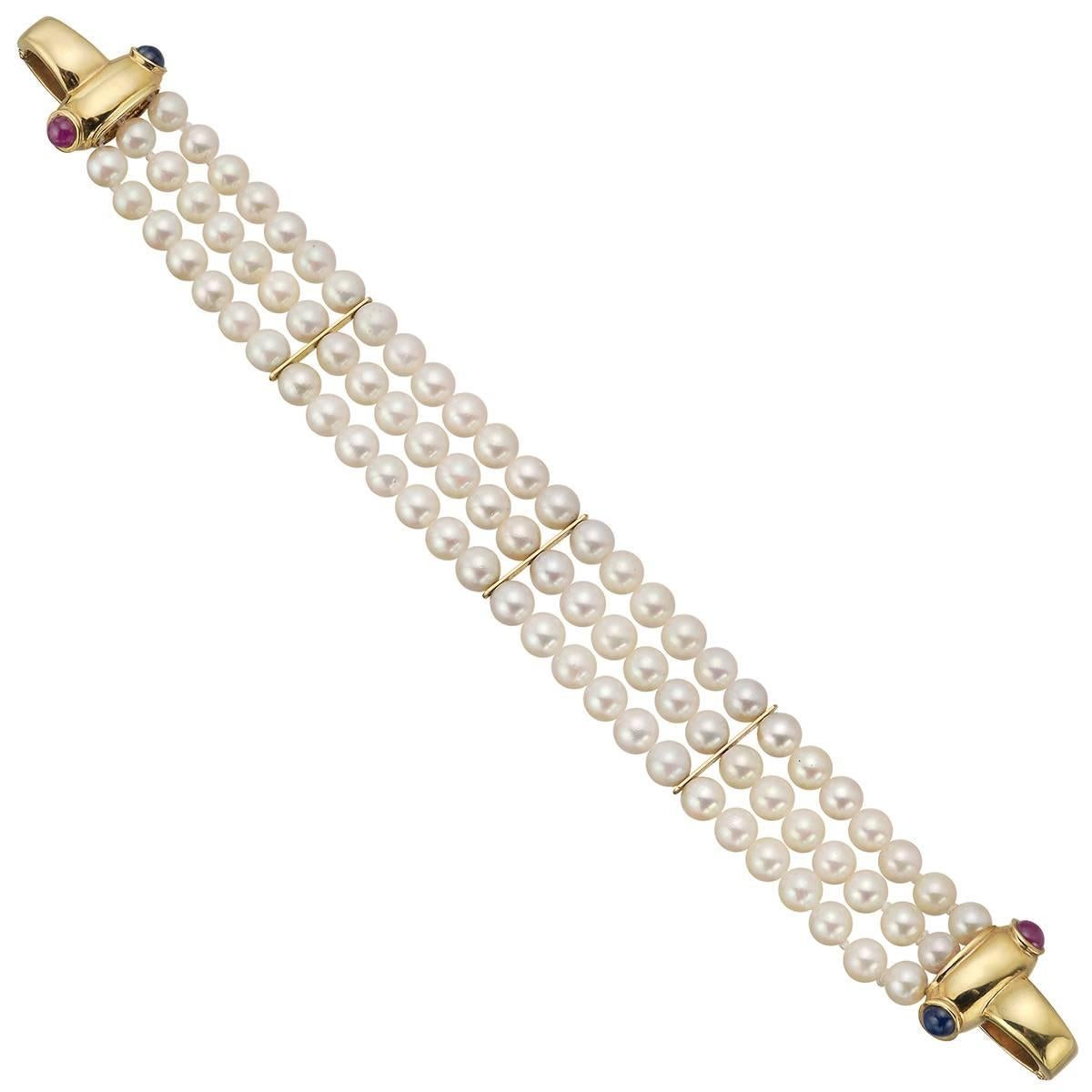 Three-Strand Pearl Bracelet with Gold Gem-Set Accents