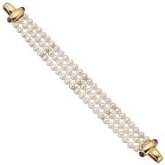Three-Strand Pearl Bracelet with Gold Gem-Set Accents