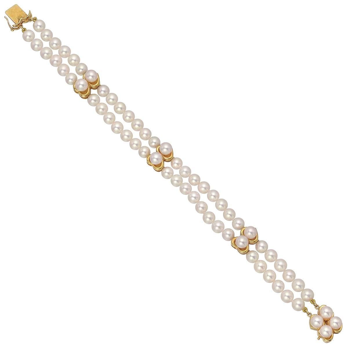 Two-Strand Pearl Bracelet with Gold Heart Accents