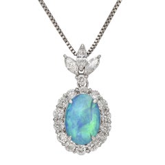 Opal Diamond Platinum Cluster Pendant Necklace