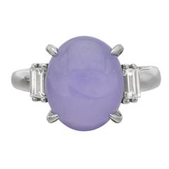 Oval Lavender Jade Baguette Diamond Platinum Ring