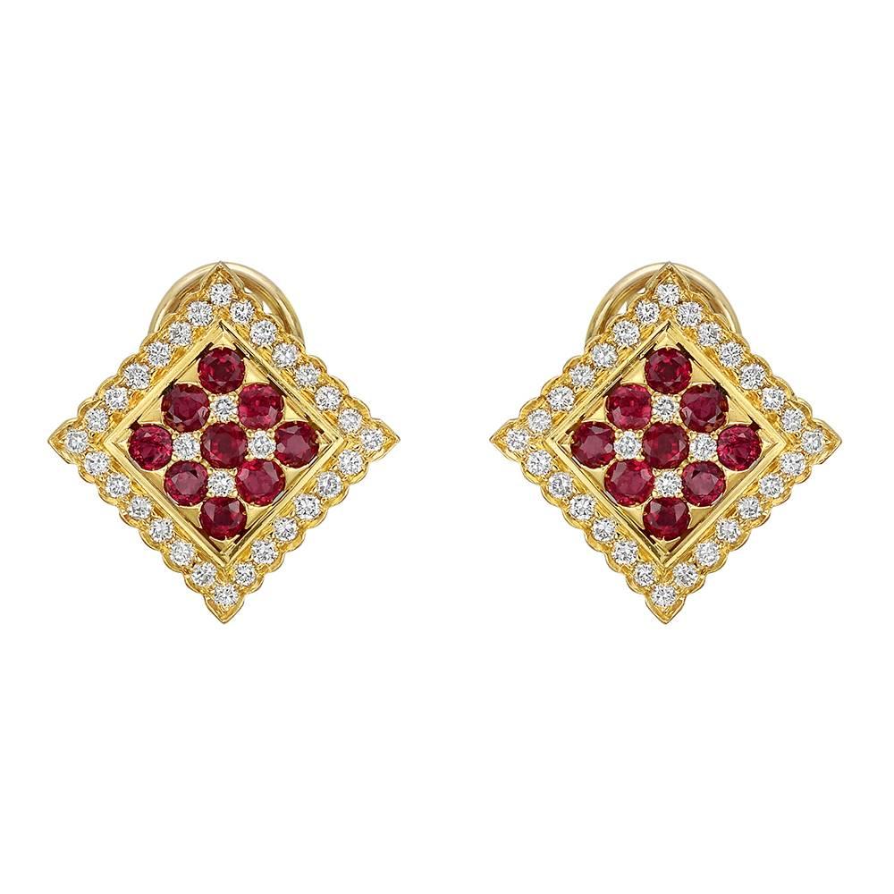 Ruby Diamond Yellow Gold Square Earclips