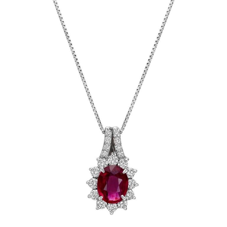 Oval Ruby Diamond Cluster Pendant For Sale