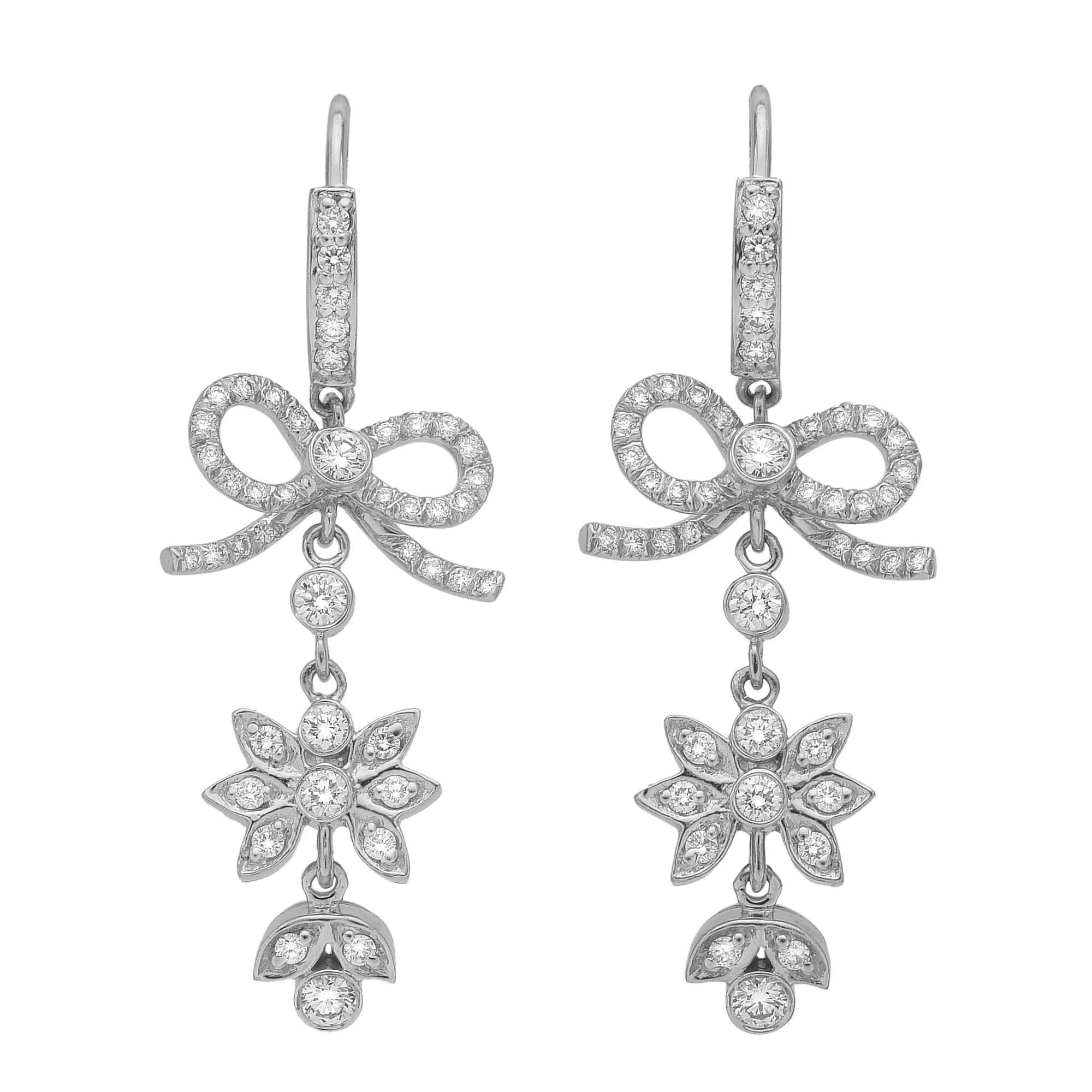 Vera Wang White Gold Victorian Style Diamond Ribbon Bow Dangle Earrings