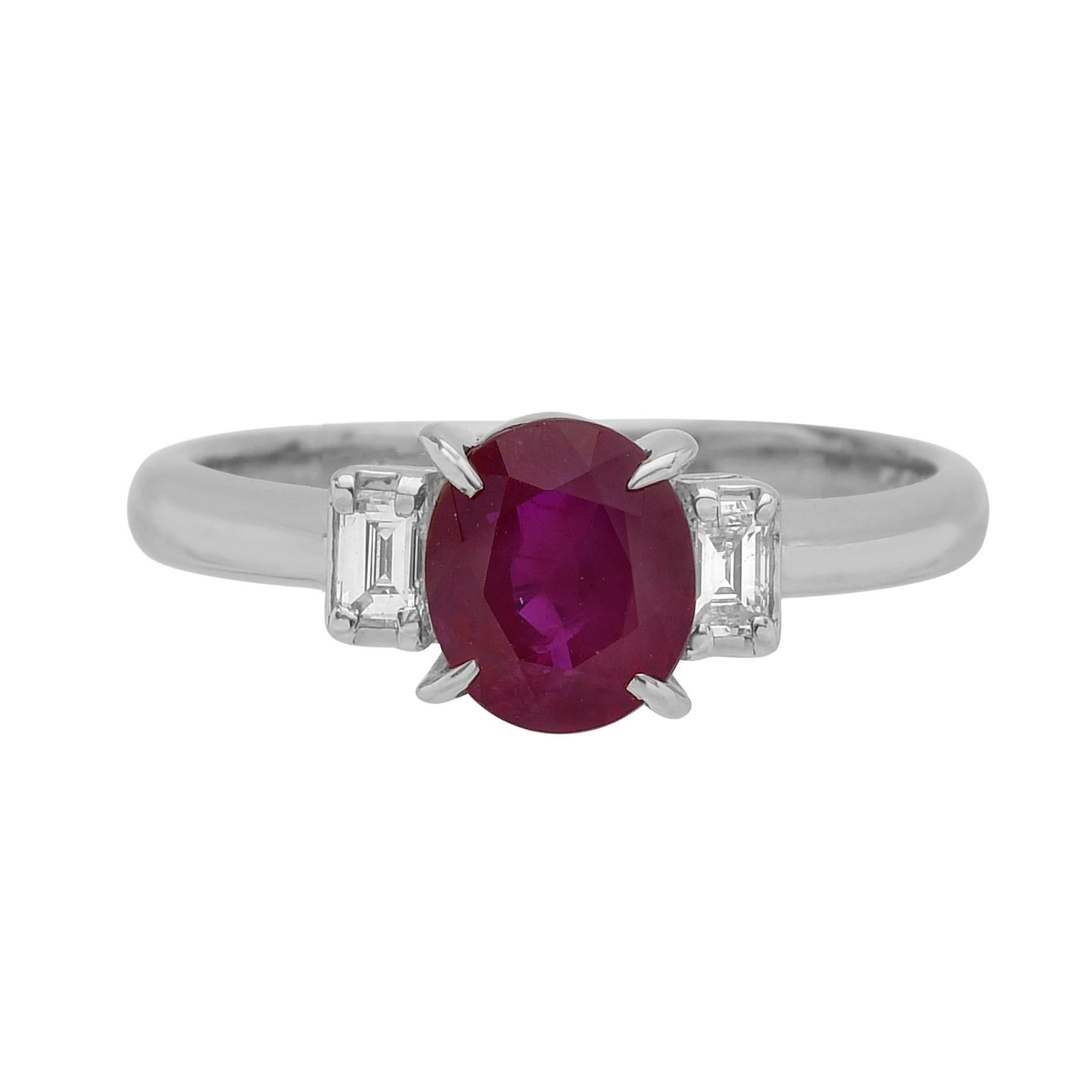 Ruby and Diamond Platinum Three-Stone Ring For Sale
