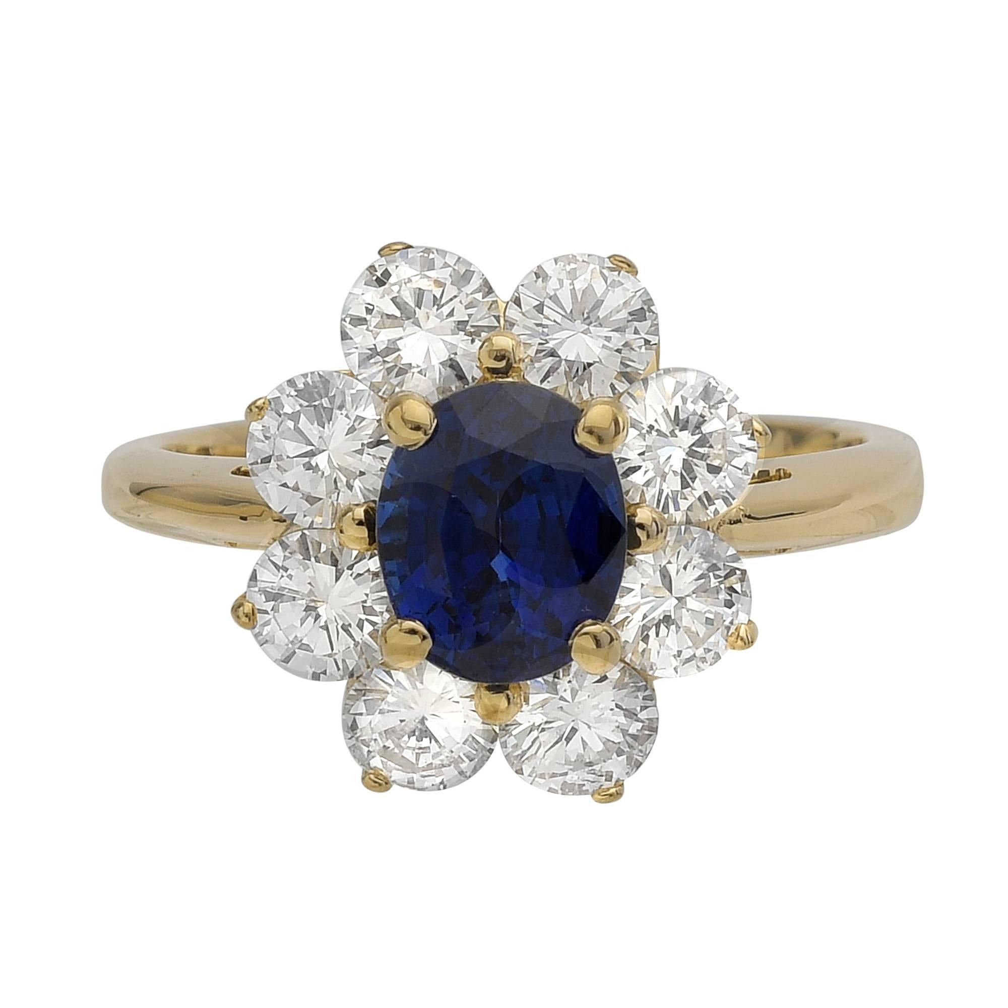 1.37 Carat Sapphire and Diamond Halo Yellow Gold Ring