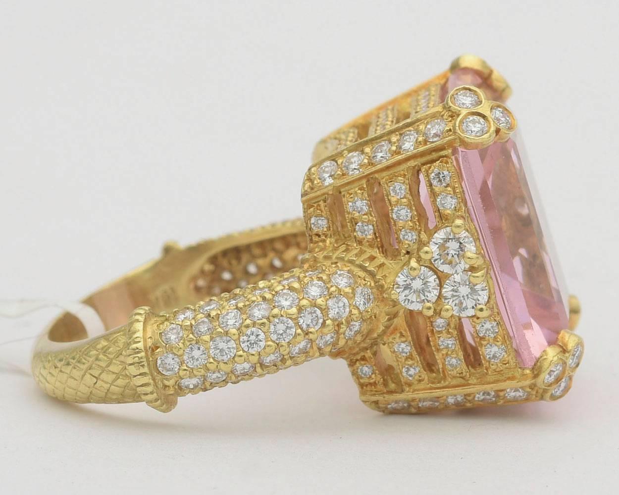 Pink quartz ring with pavé diamond prongs, the pink quartz measuring 17 x 15mm from the top, as well as elegant diamond-set profile and band, mounted in 18k yellow gold, signed Judith Ripka. Size 6.