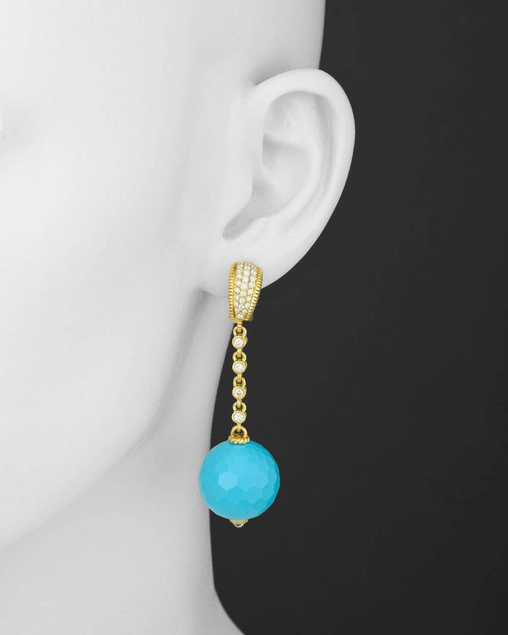 Large turquoise bead drop earrings in 18k yellow gold, accented by near-colorless, round brilliant cut diamonds. Diamonds weighing 1.00 total carats. Post with clip backs. Designed by Judith Ripka. Just under 2.5