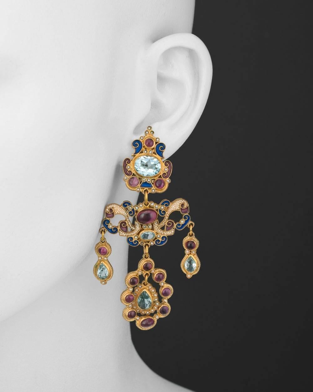 Gem-set and enamel chandelier earrings, accented by vari-shaped faceted aquamarines, cabochon-cut pink tourmalines, seed pearls and blue enamel, mounted in gold-plated silver, with clip and post backs, signed Percossi Papi, Rome. 3.05