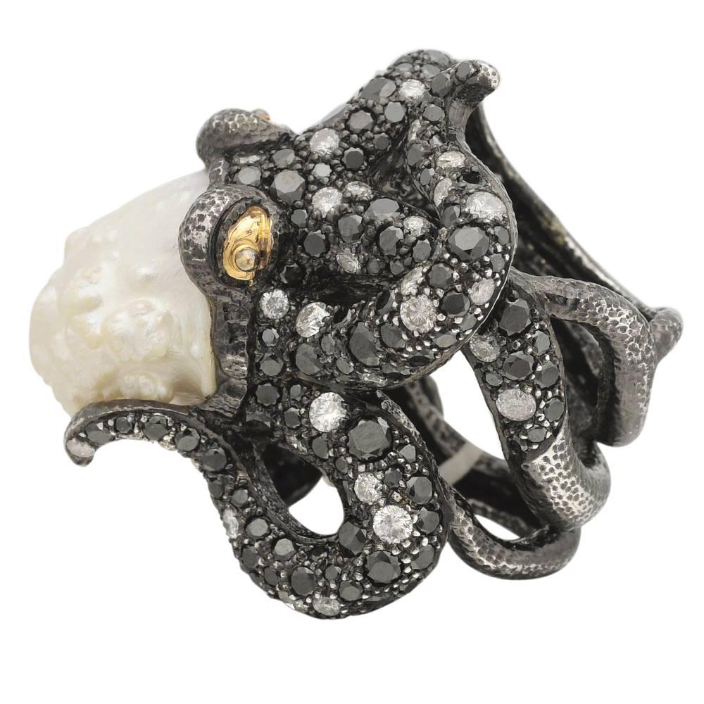 Lotus Arts de Vivre Gem-Set Blackened Silver Octopus Ring For Sale