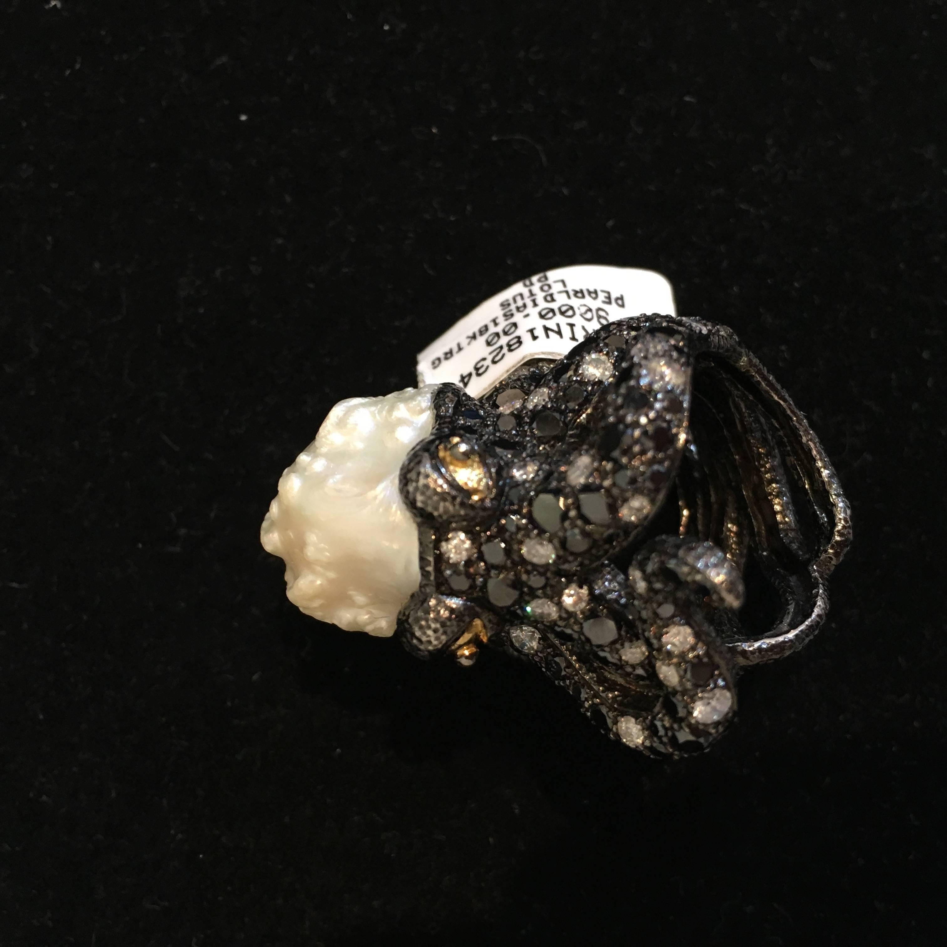 Lotus Arts de Vivre blackened sterling silver 'Octopus' ring set with a baroque pearl measuring approximately 18 x 16mm, and black and white diamonds. Size 7.