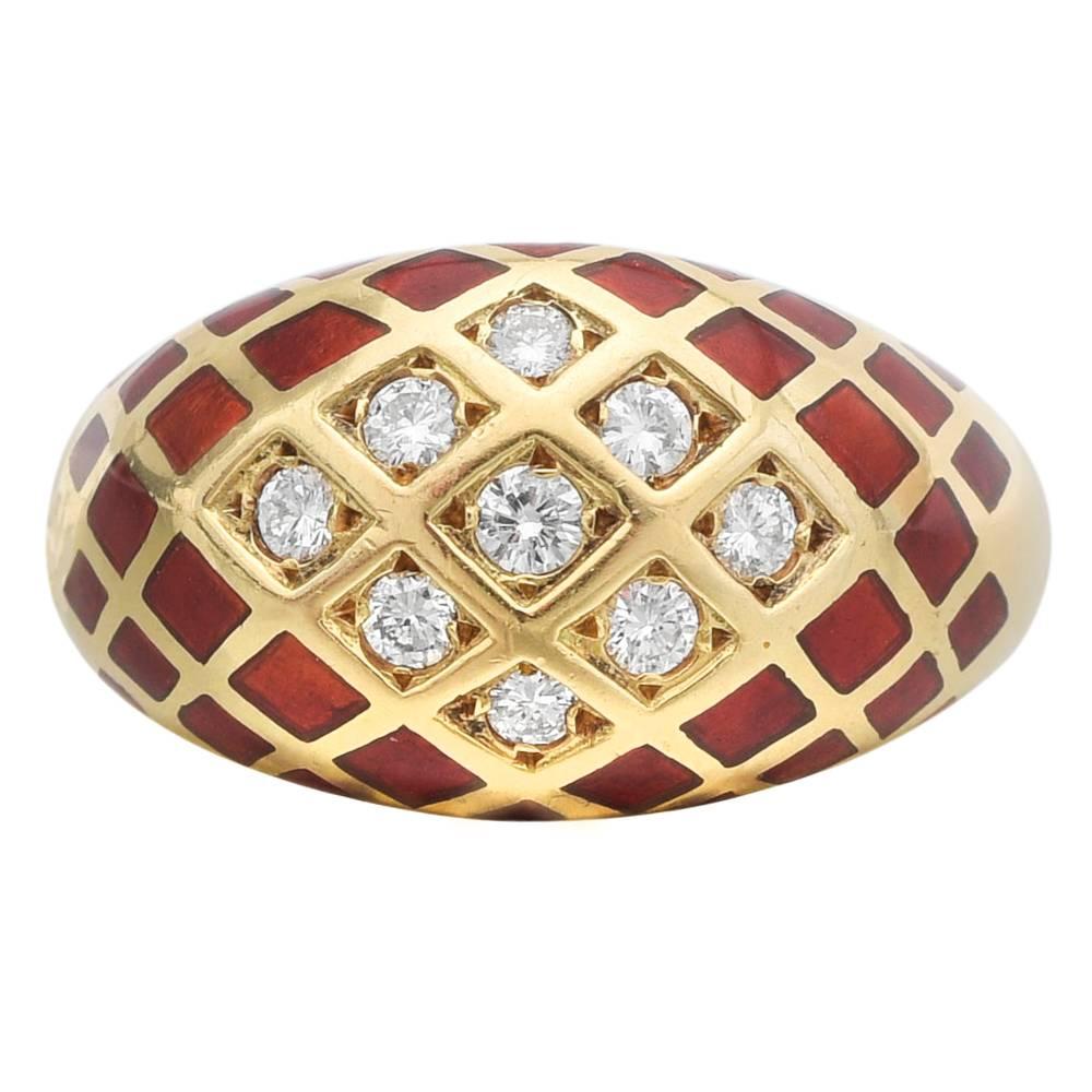 Mauboussin Red Enamel Diamond Gold Dome Ring