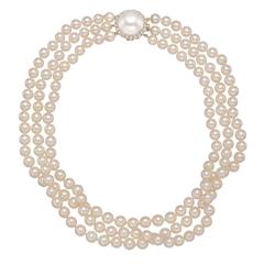 3-Strand Pearl Necklace with Mabe Pearl and Diamond Clasp