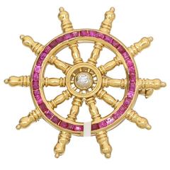 Ruby Diamond Gold Ship's Wheel Pin