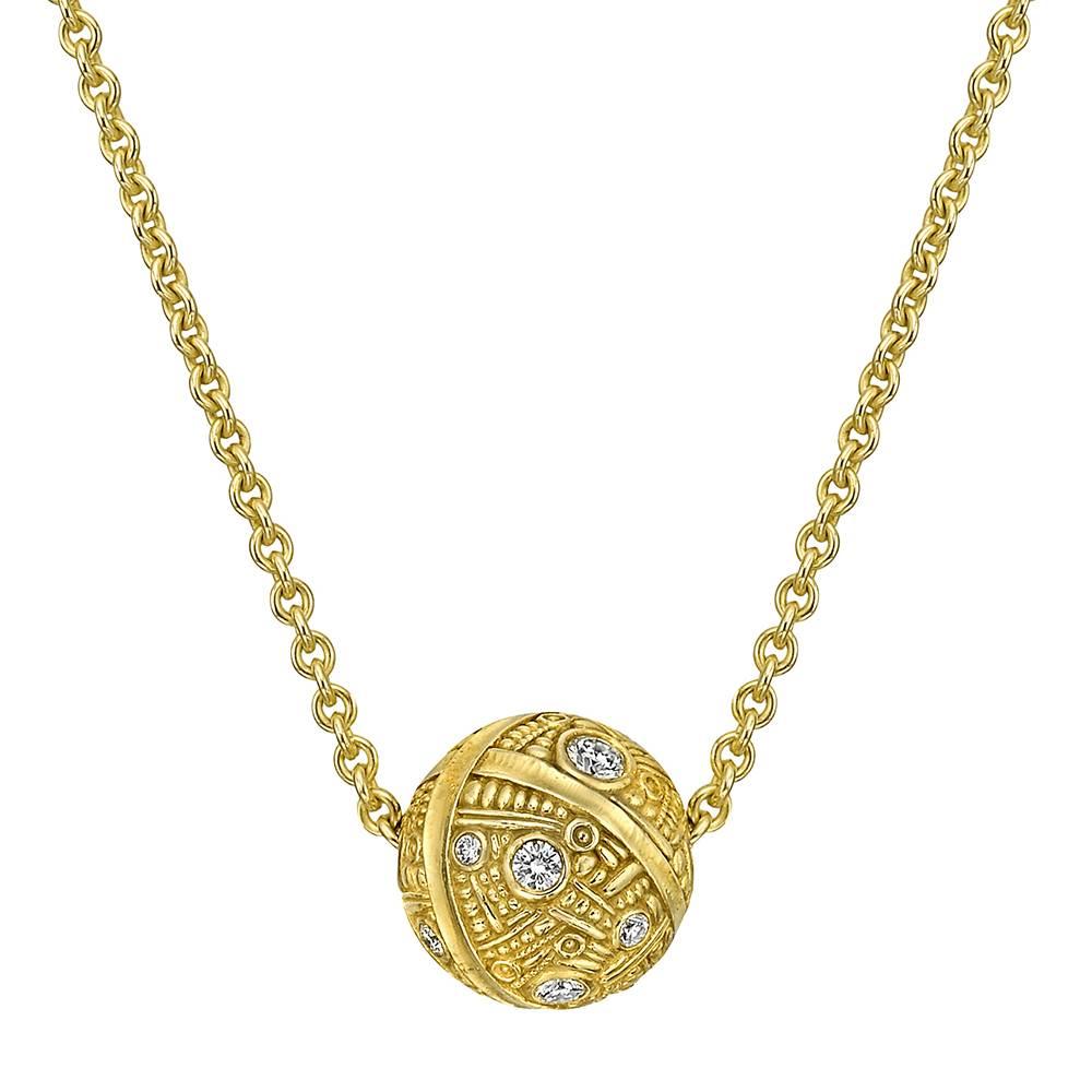 Gold and diamond ball pendant, set with round-cut diamond accents weighing approximately 0.42 total carats, in engraved and textured 18k yellow gold, on an 18k yellow gold 1.9mm cable chain necklace, signed Alex Sepkus. 12.5mm diameter