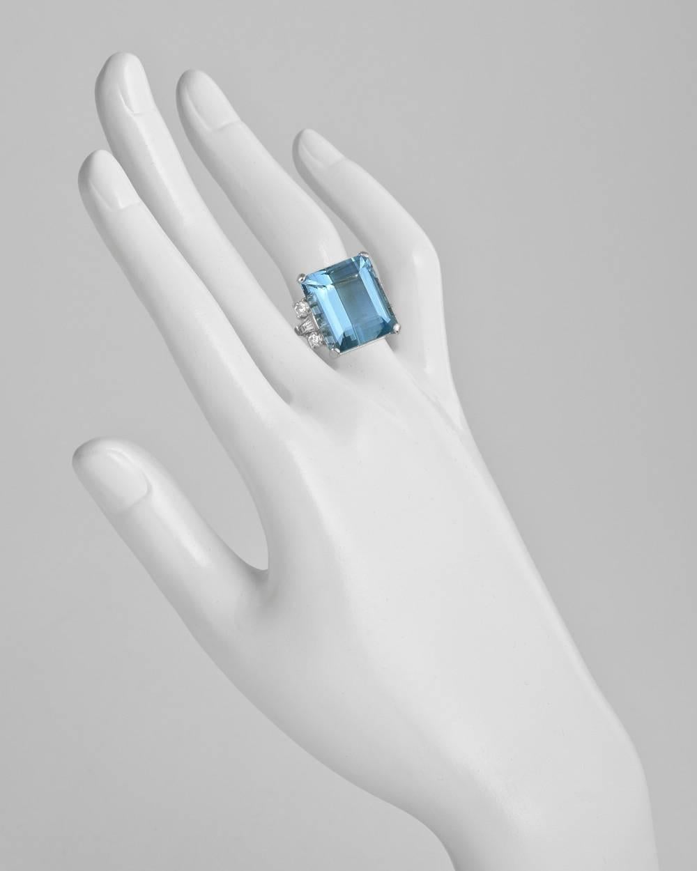 Emerald Cut Aquamarine Diamond Platinum Cocktail Ring