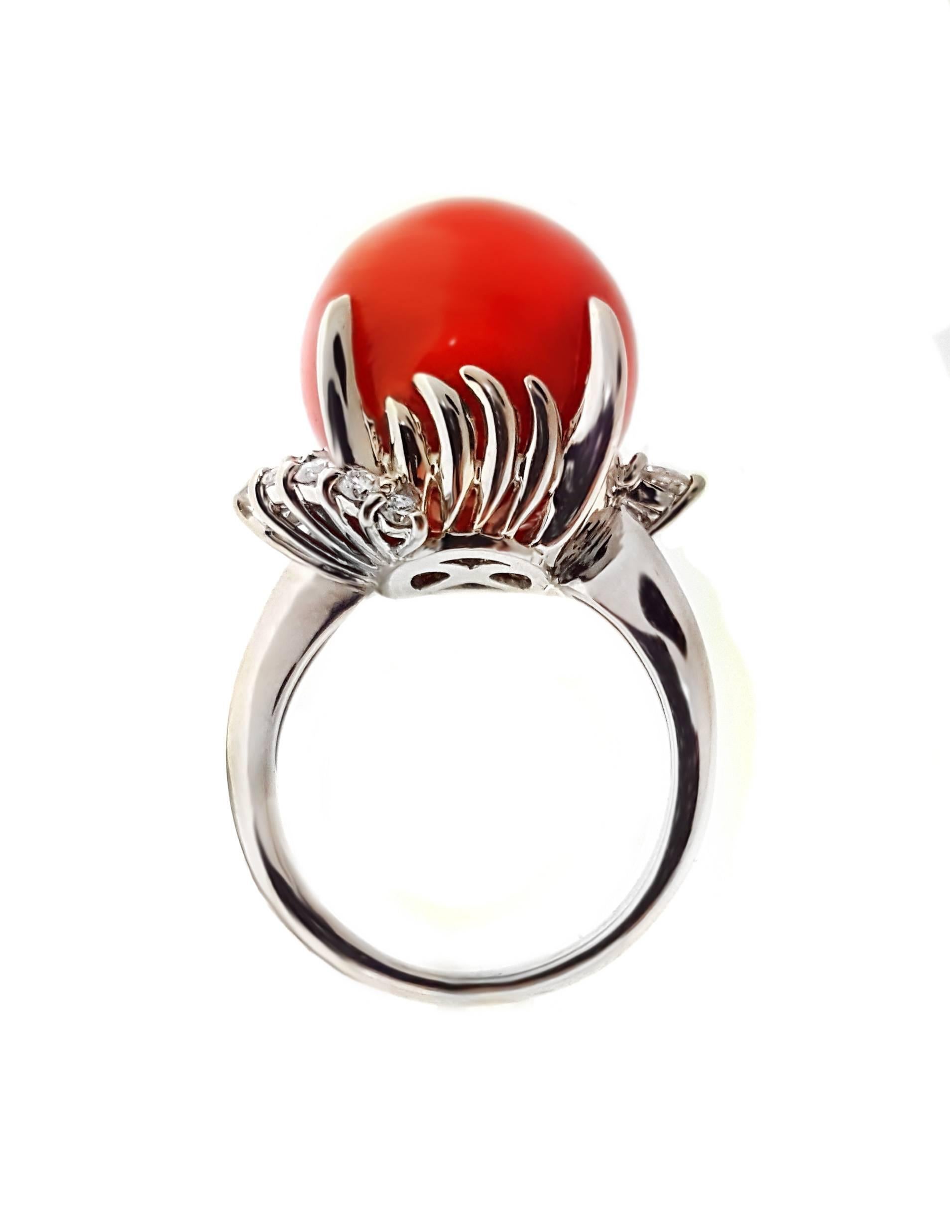 Contemporary Coral Ball and Diamond Platinum Ring