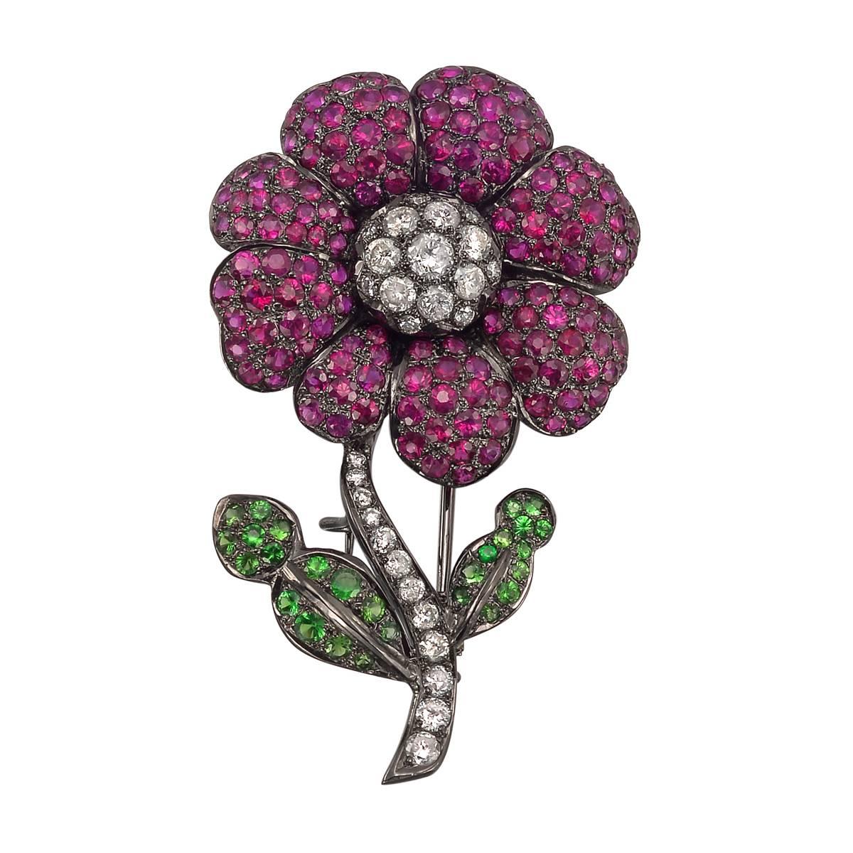 Ruby Tsavorite Garnet Flower Pin For Sale