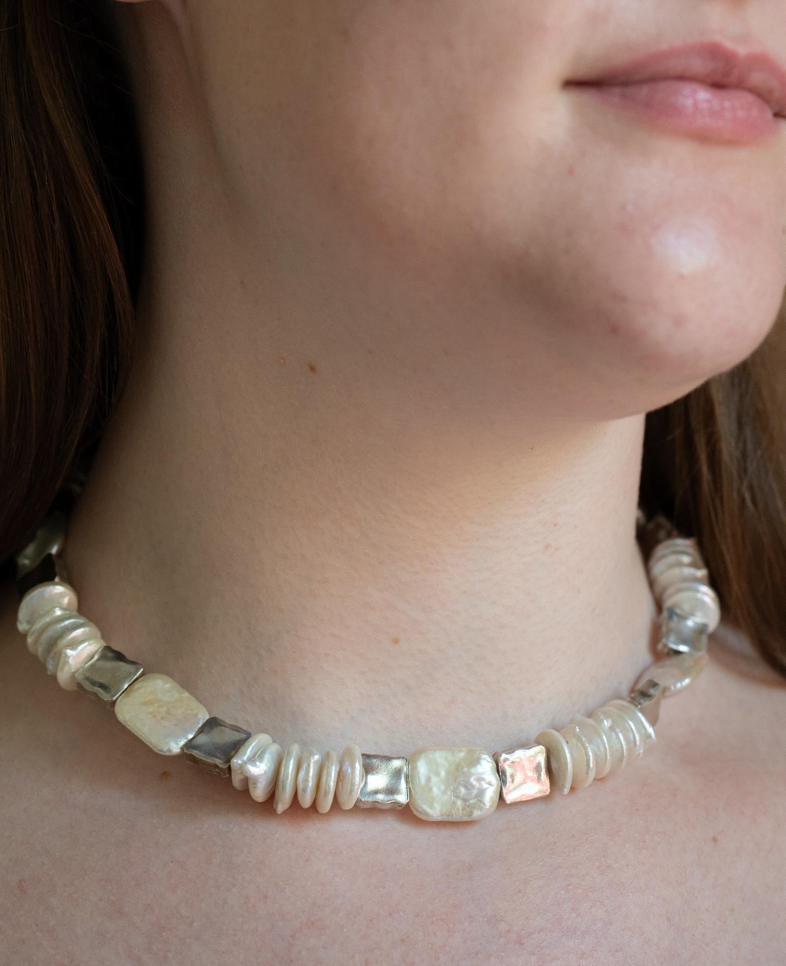 Rectangular Keshi pearls and fine silver spacers For Sale