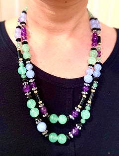 Double strand jade, amethyst, black onyx, blue chalcedony, rock crystal necklace