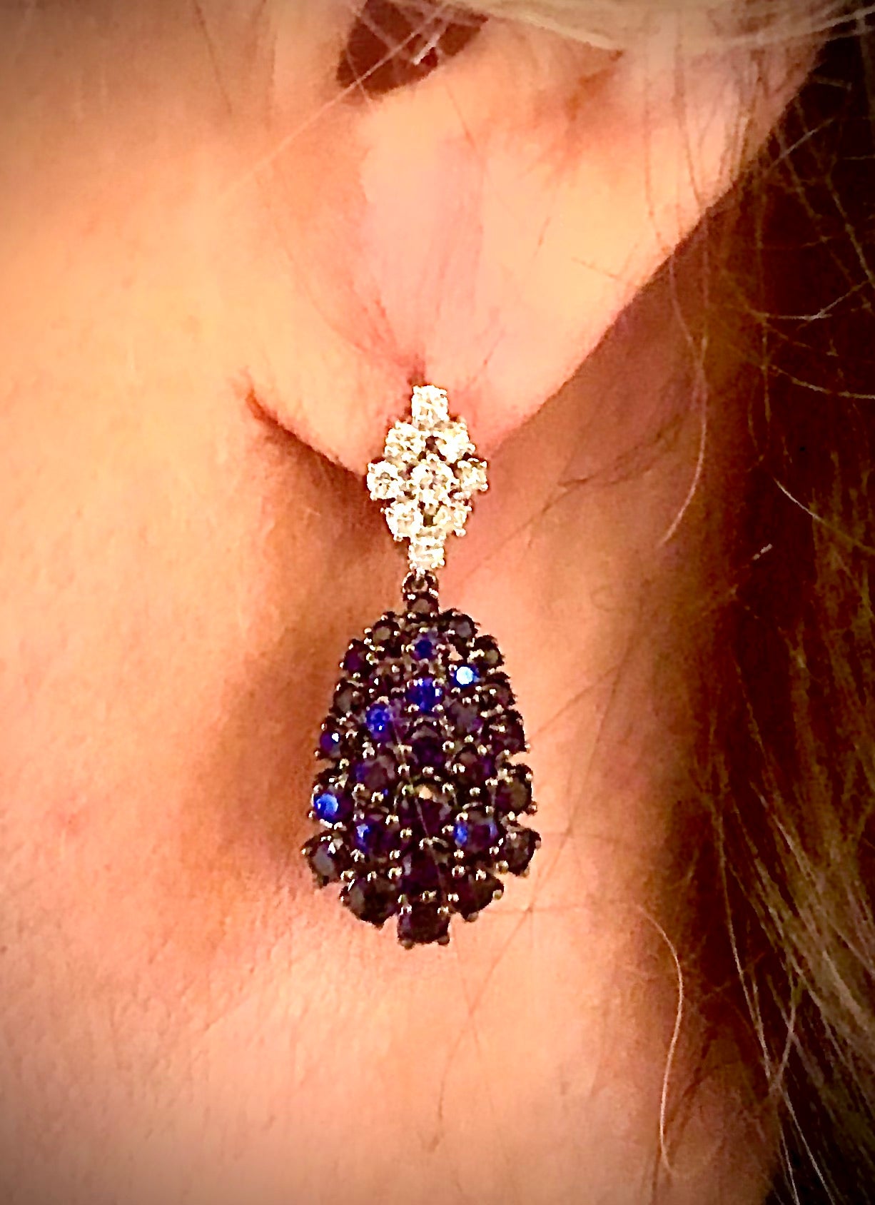 14kt. gold diamond and round cut brilliant deep blue sapphire earrings