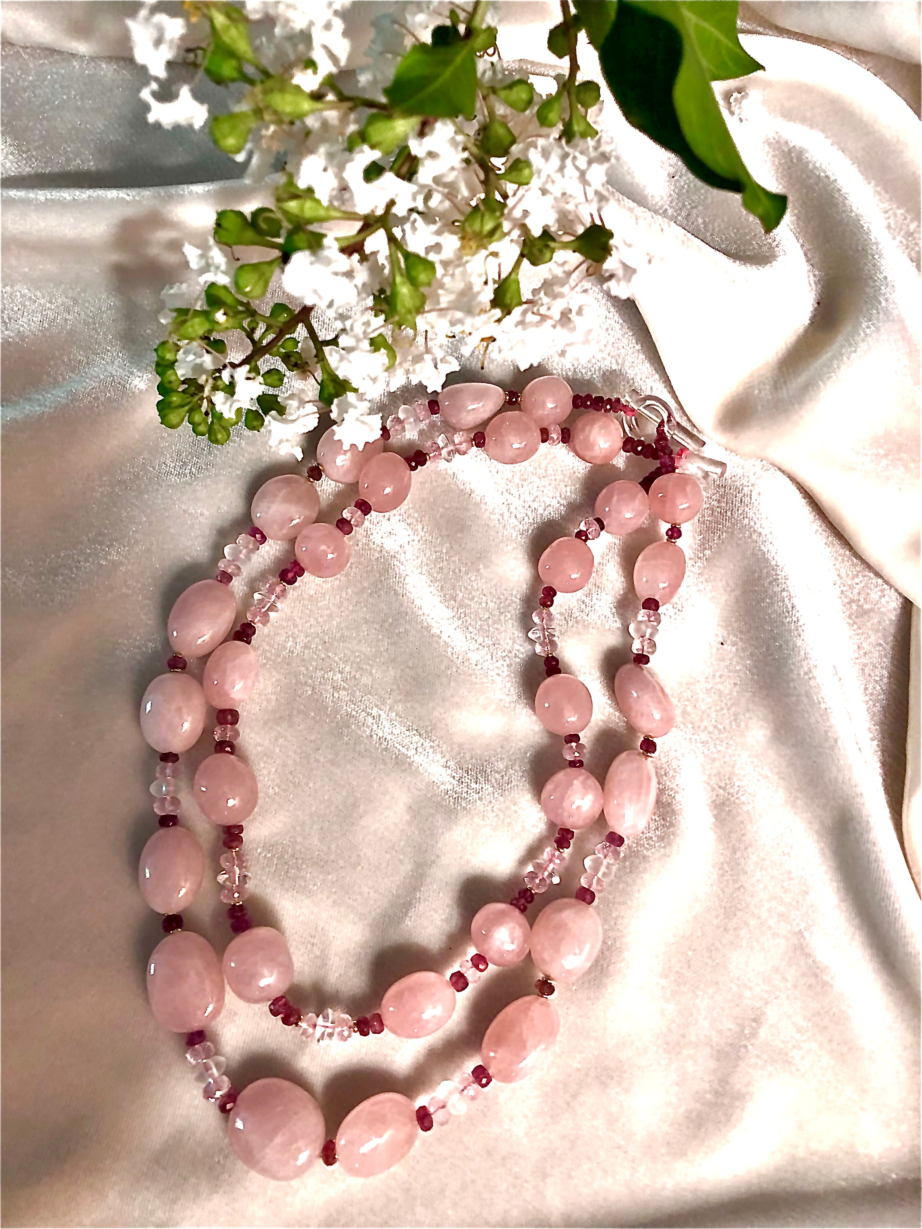 Rose quartz, tourmaline, morganite and rock crystal pair of necklaces For Sale