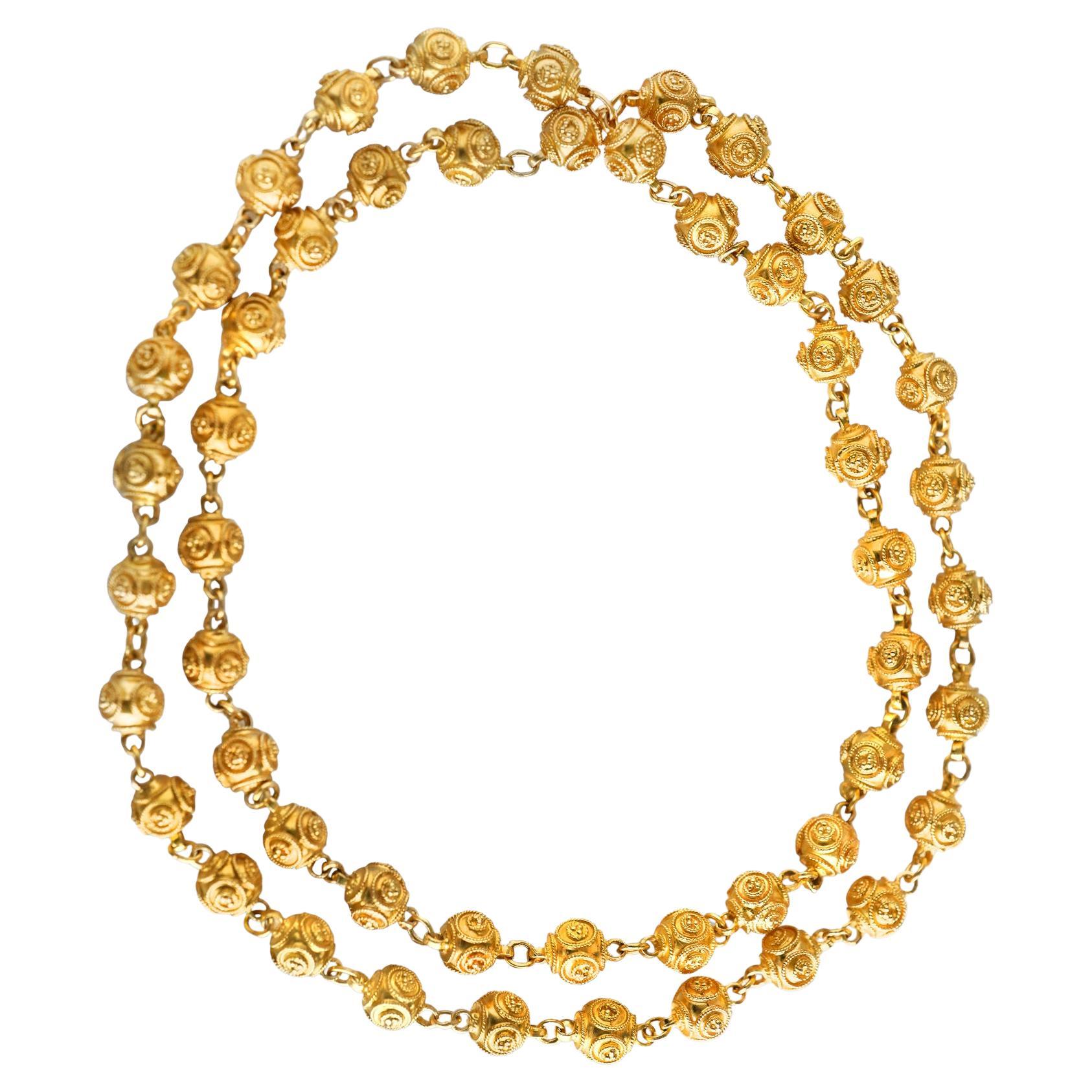 18K Yellow Gold Bead Etruscan Revival Necklace For Sale