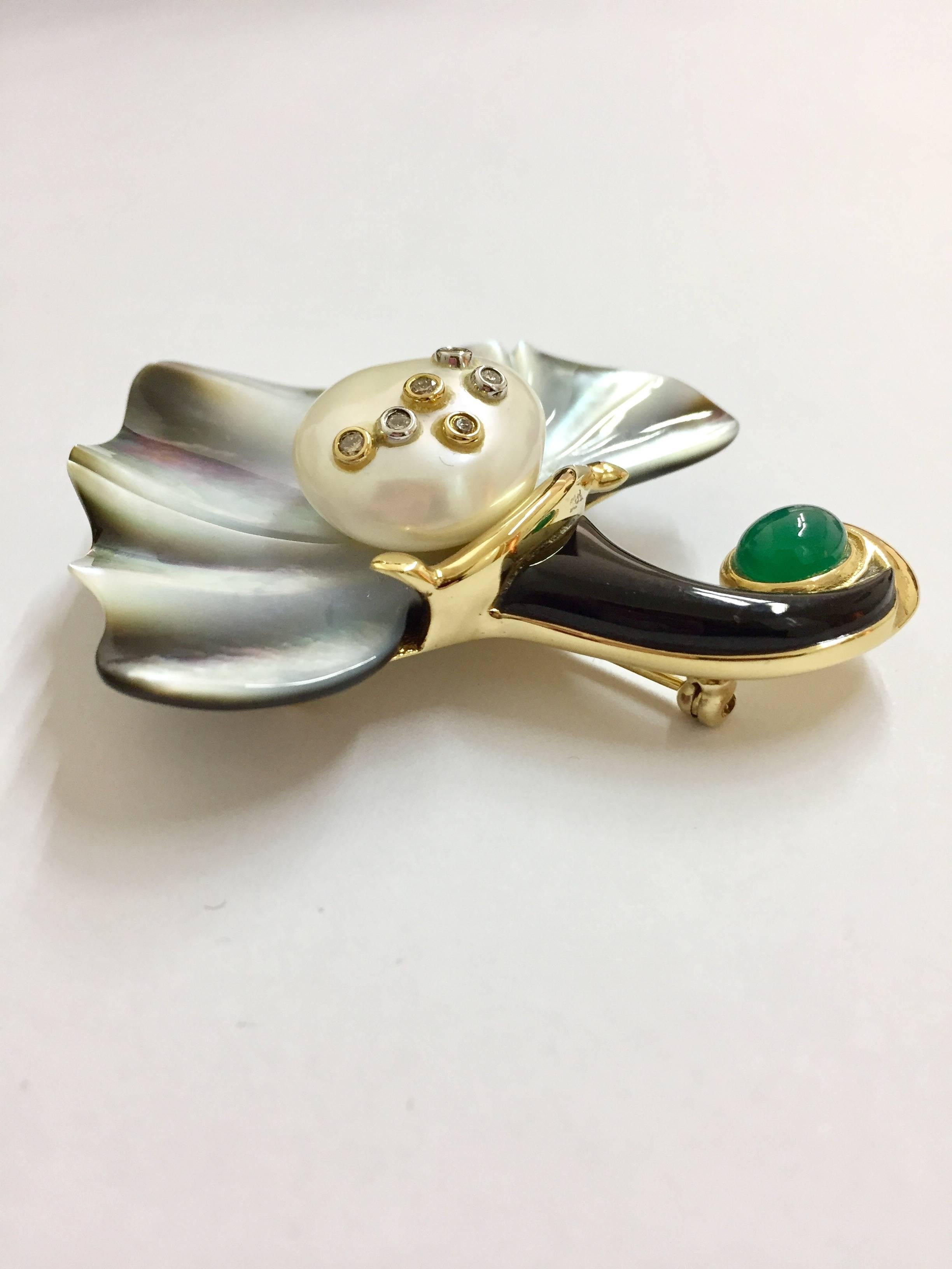 Modern Freshwater Pearl Black and Green Agate Diamond Gold Mother-of-Pearl Brooch For Sale