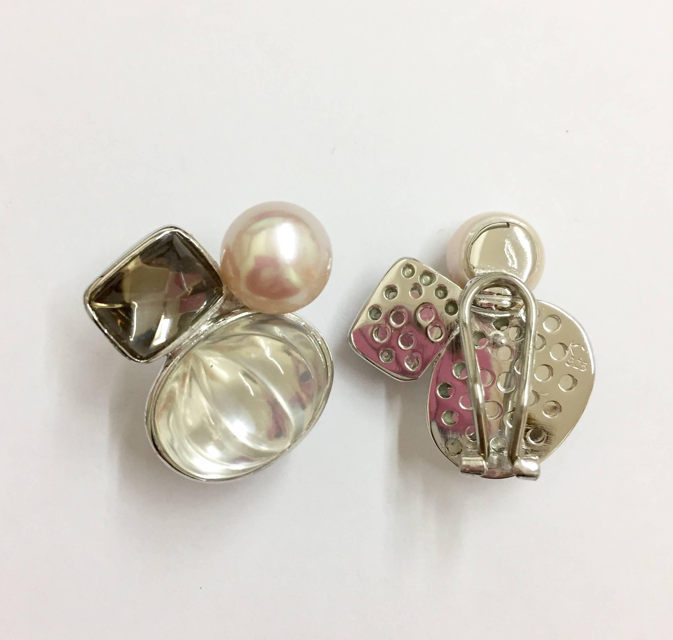 Modern Crystal Smoky Quartz Freshwater Pearl Earrings For Sale
