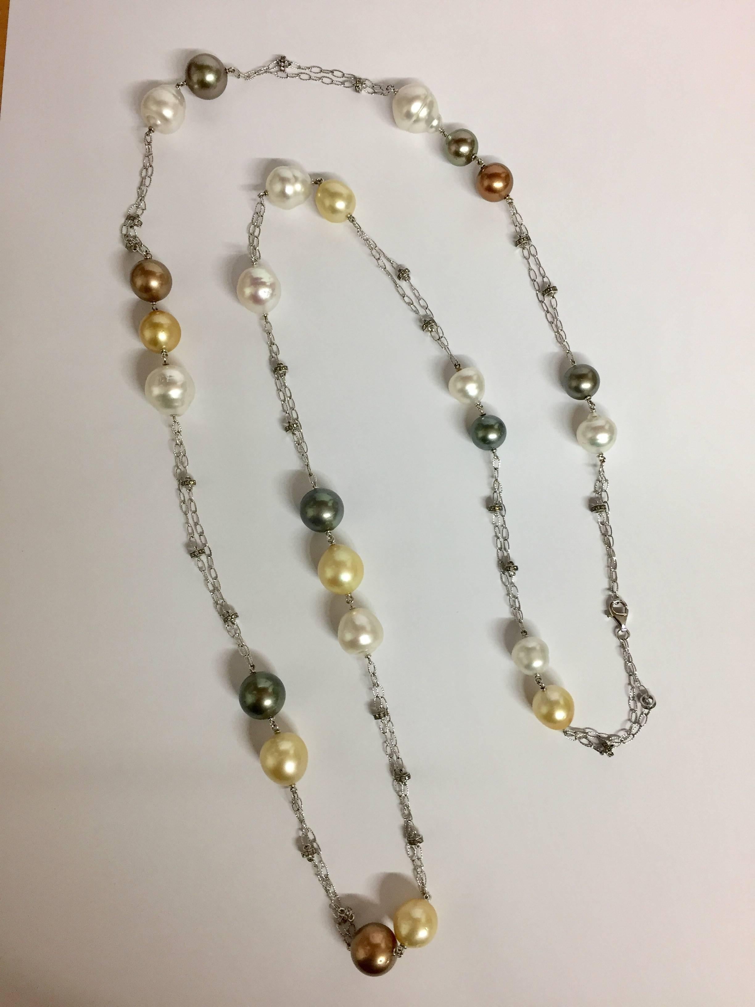 48 inch 14K white gold chain with 24 pieces 12-16 x 12-19mm multi color south sea pearl and 207 pieces full cut brown diamonds (1.45 carats).