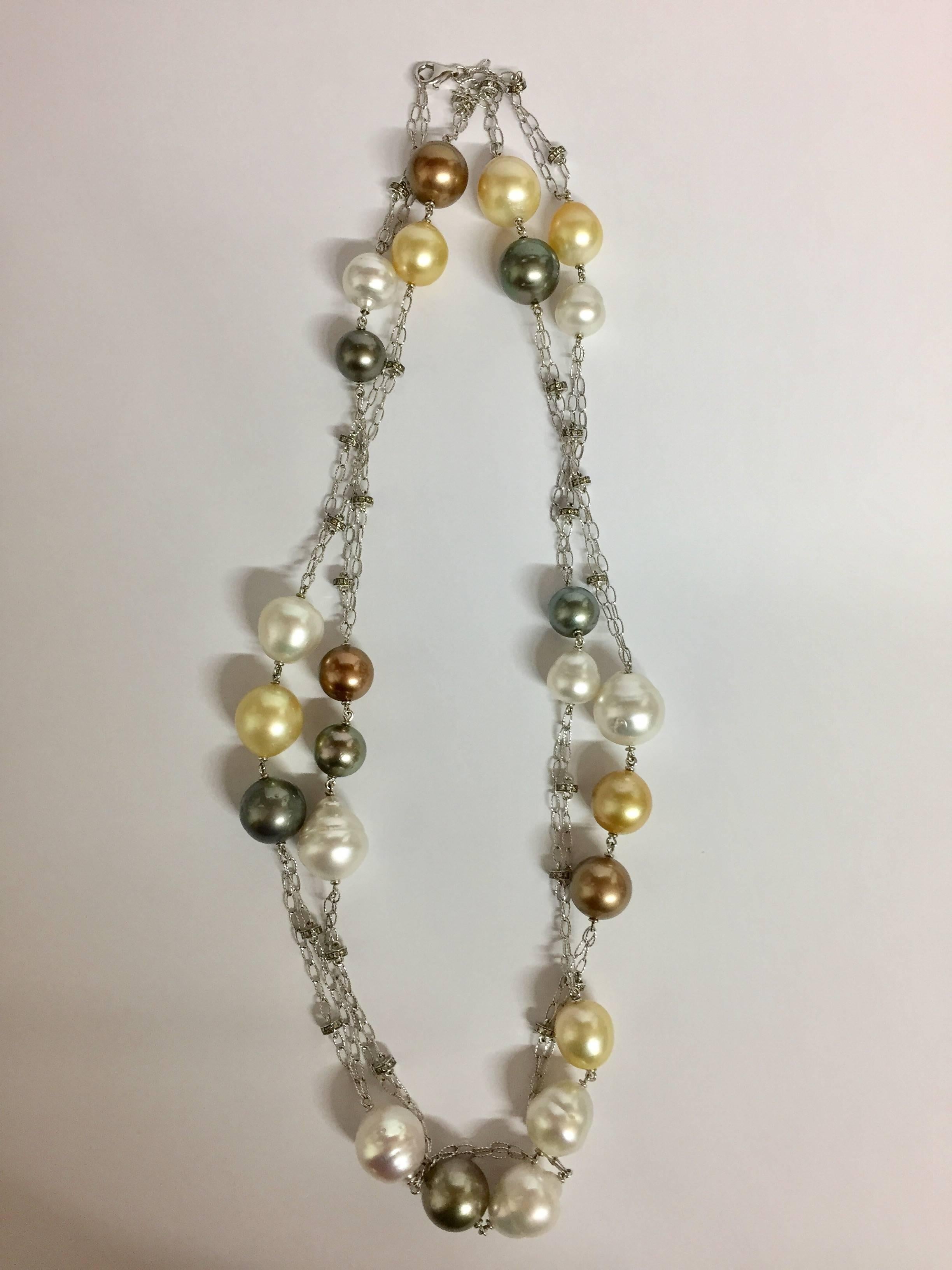 Modern Diamonds and Multi-Color South Sea Pearl 14 Karat White Gold Chain For Sale