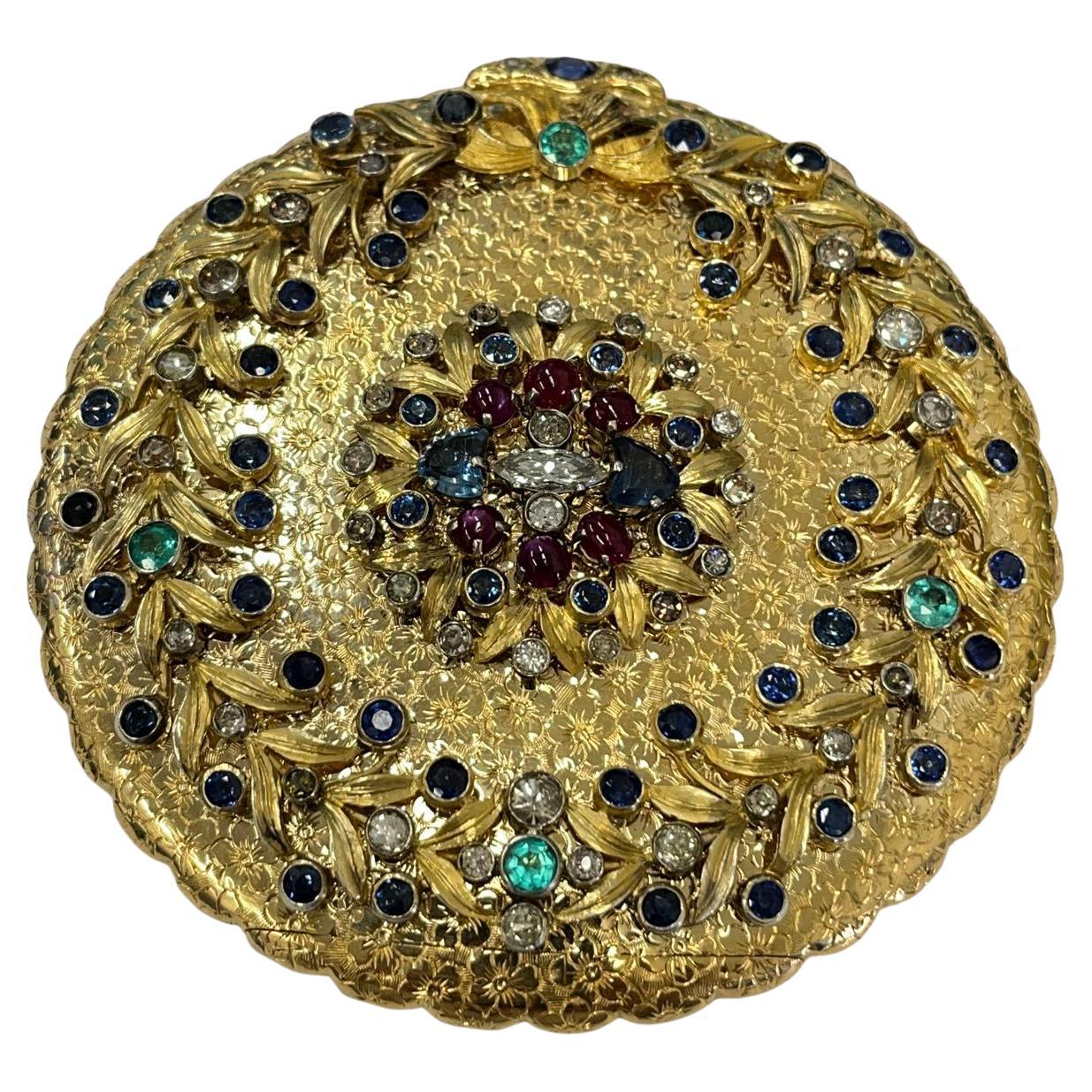 Poudrier ancien Jewell avec saphirs, émeraudes, rubis et diamants en vente