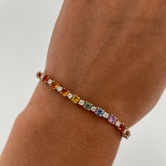 14ct Yellow Gold Natural Sapphires Rainbow Bracelet Set With 1.20ct Diamonds