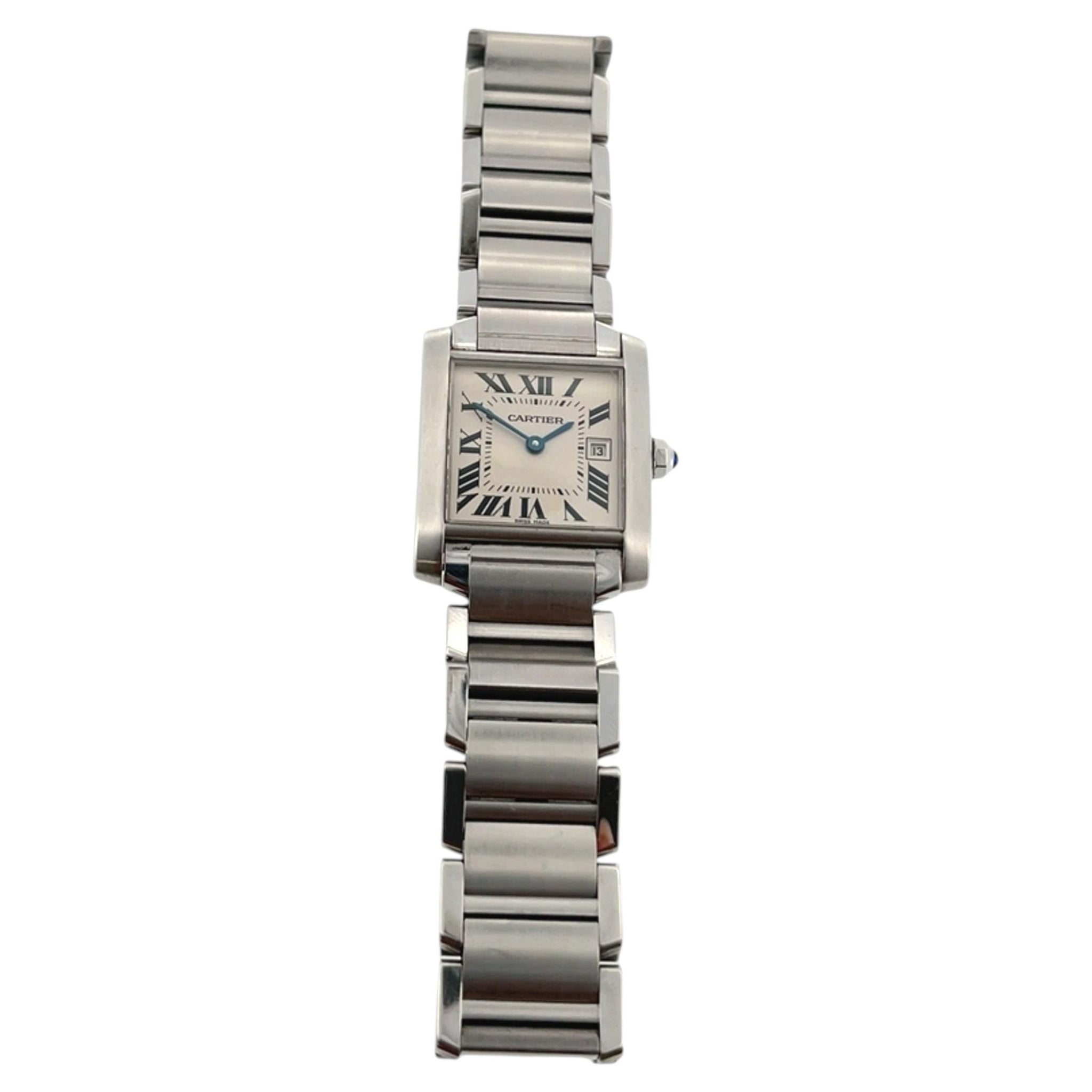 Cartier Women's Tank Francaise Date 2465 White Dial Quartz 25mm Steel Watch