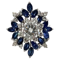 Anillo de oro blanco de 18 quilates con diamantes y zafiros talla marquesa – Diamante central de 2,00 quilates