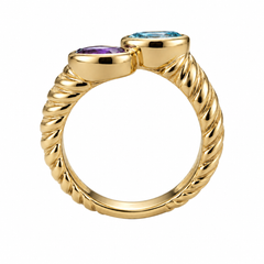 Anello “bypass” con ametista e topazio blu in oro giallo 14k, Stati Uniti, 1990