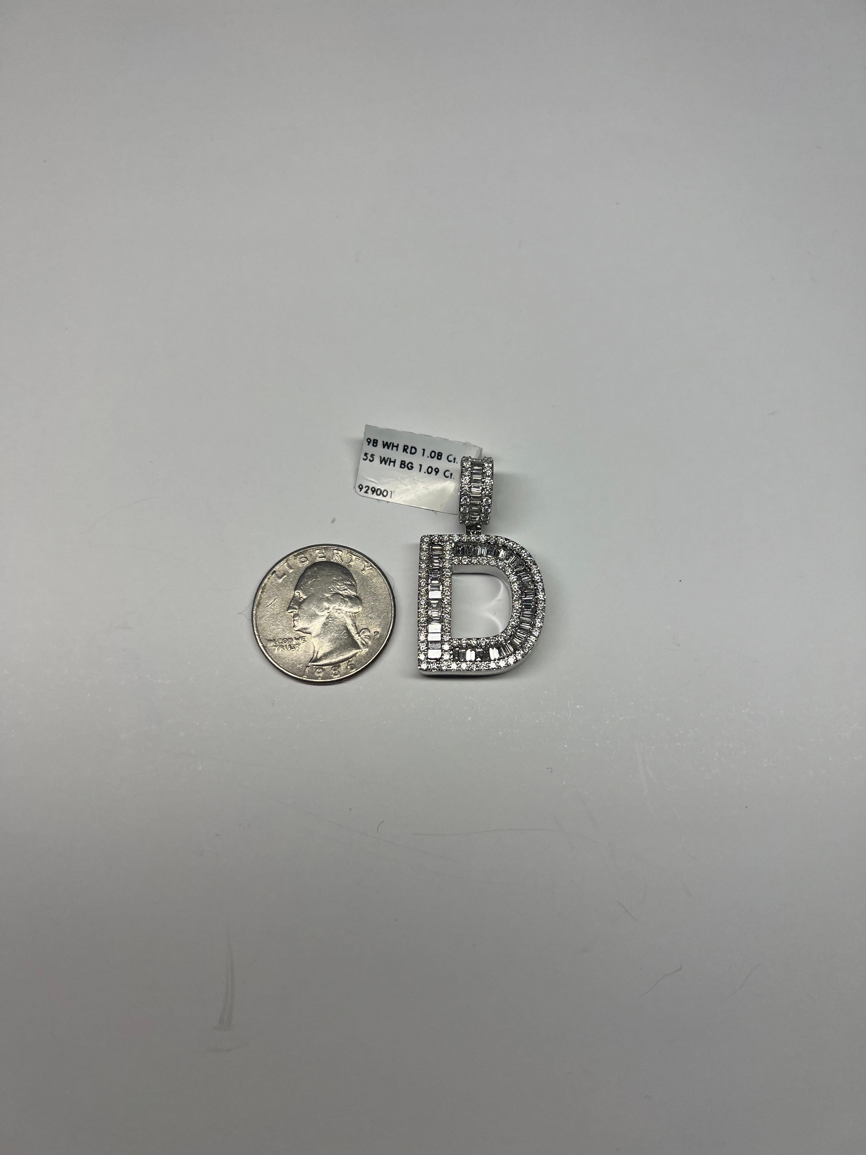 White Diamond Baguette & Round 14 Karat White Gold Letter 