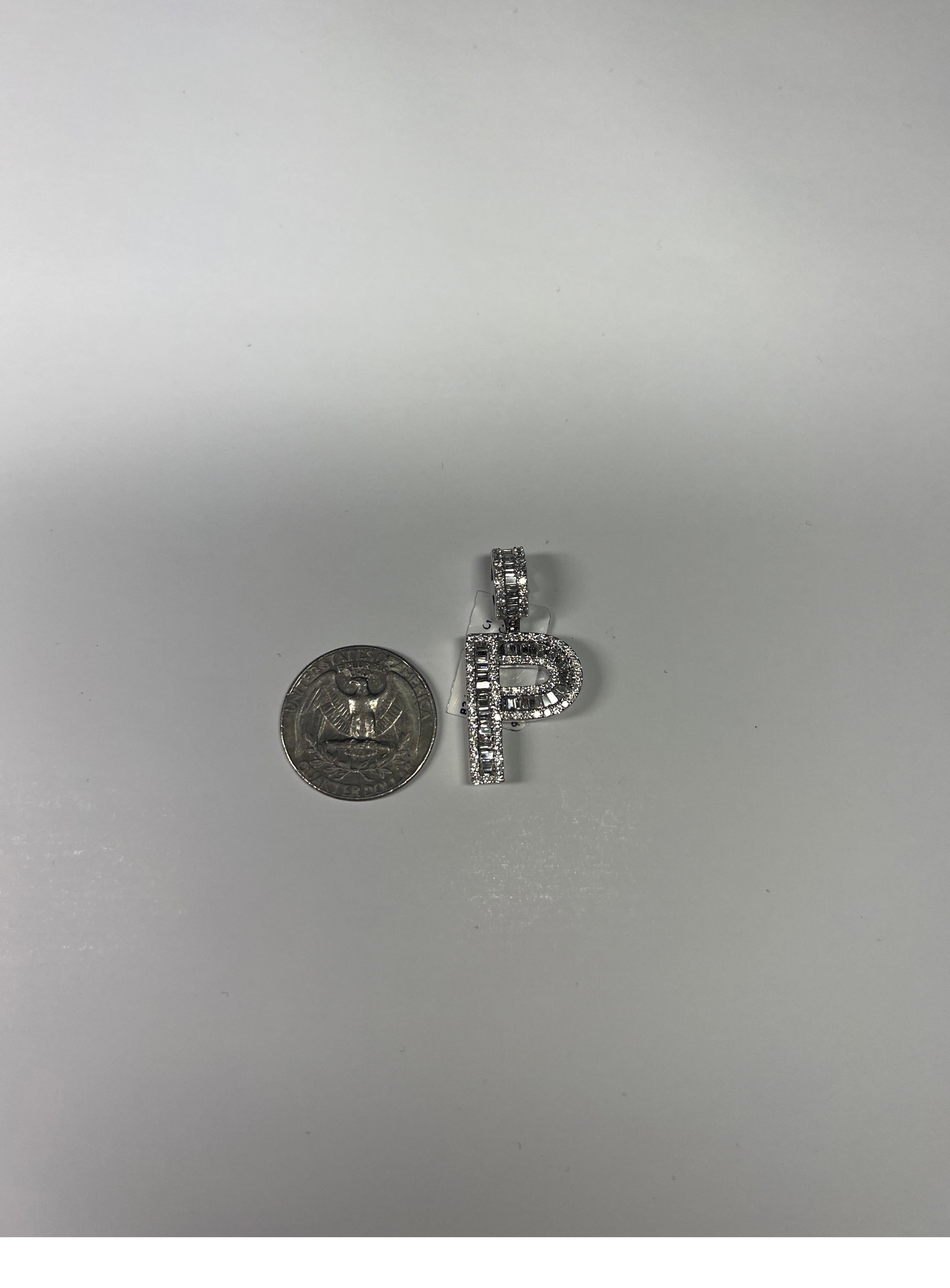 White Diamond Baguette & Round 14 Karat White Gold Letter 