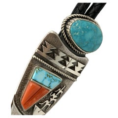 Bolo tie with Pilot Mountain cabochon, Blue Gem turquoise & coral overlay