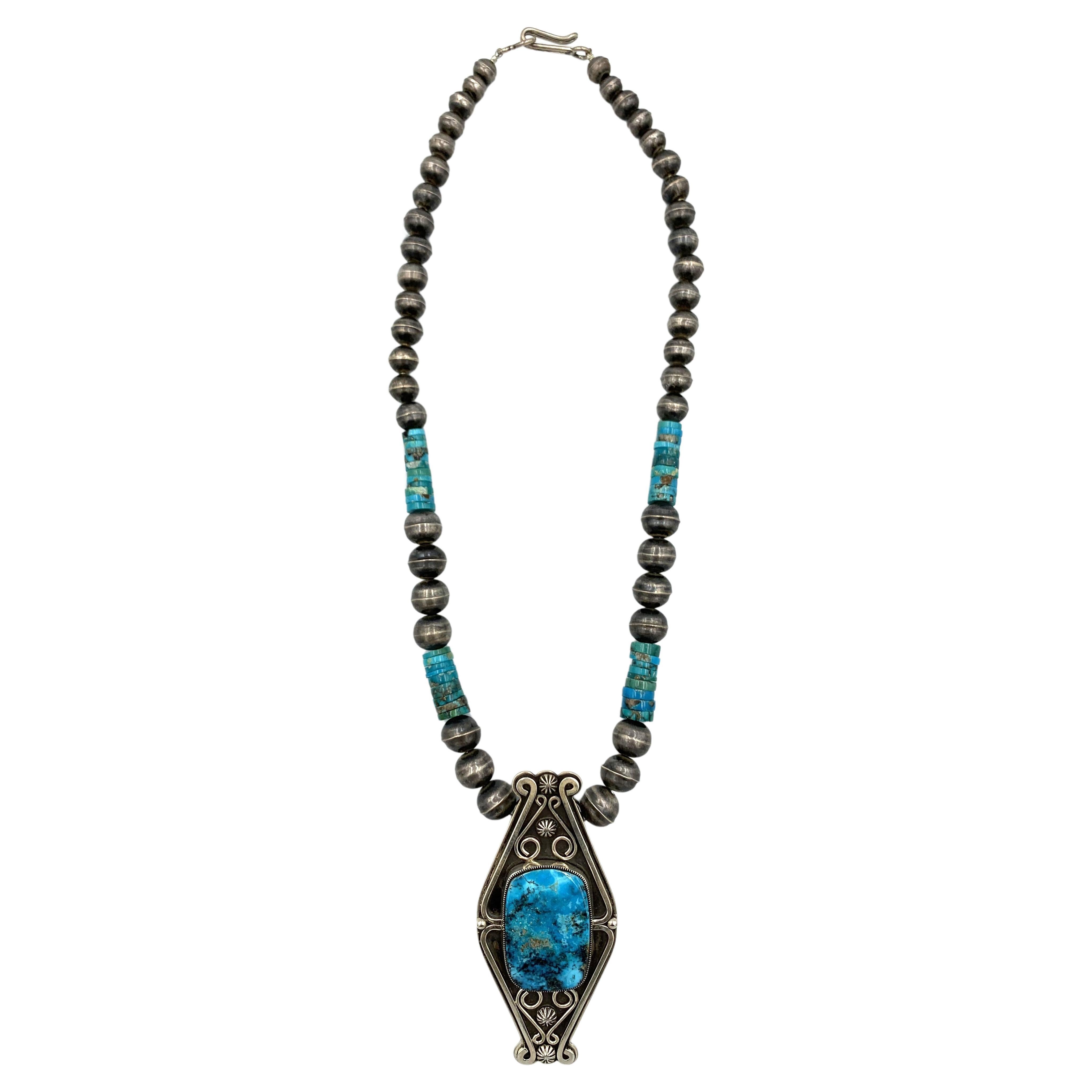 Navajo Silver and Royston Turquiose Pendant by Sammie Kescoli Begay For Sale