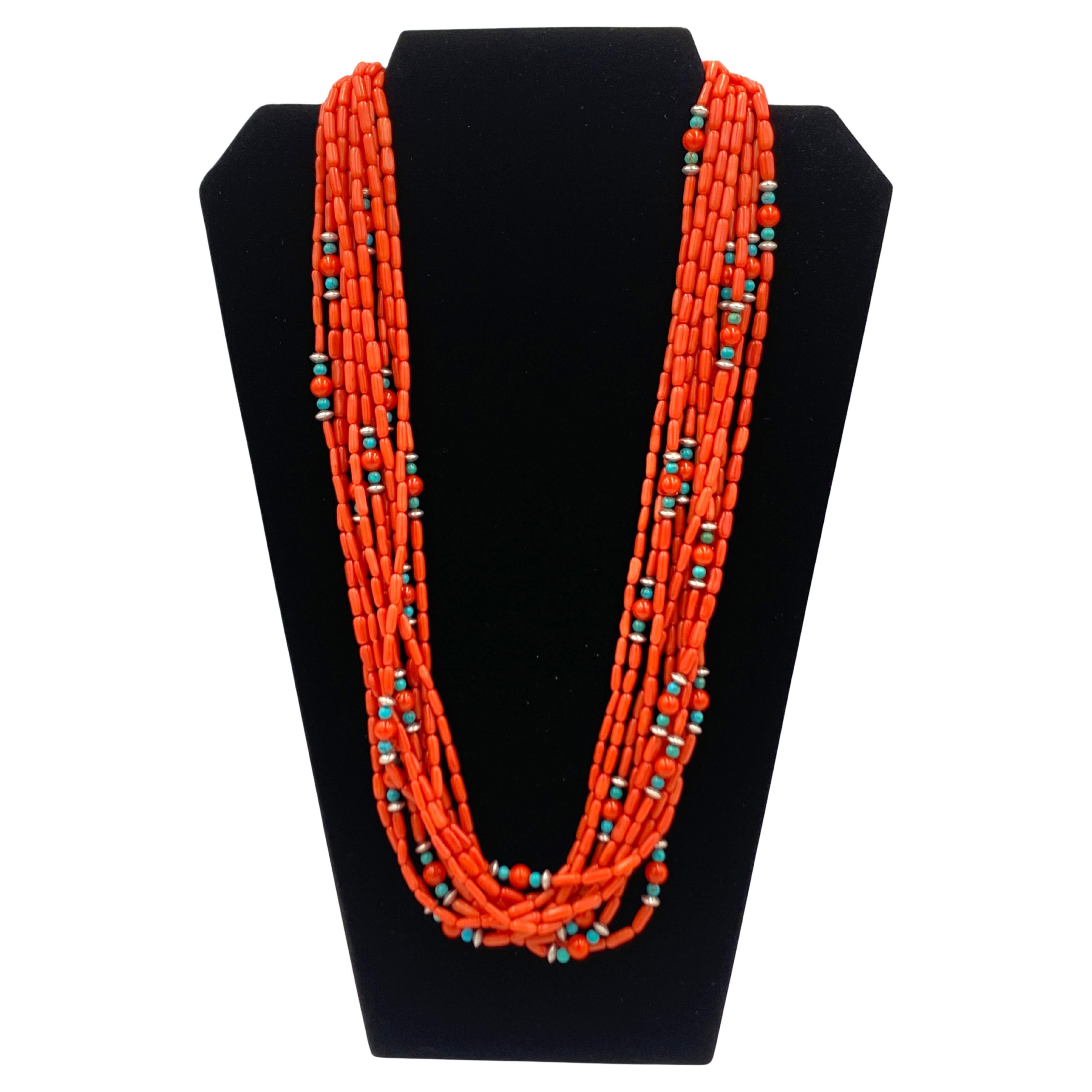 Native American 10-Strand Mediterranean Coral Beaded Necklace