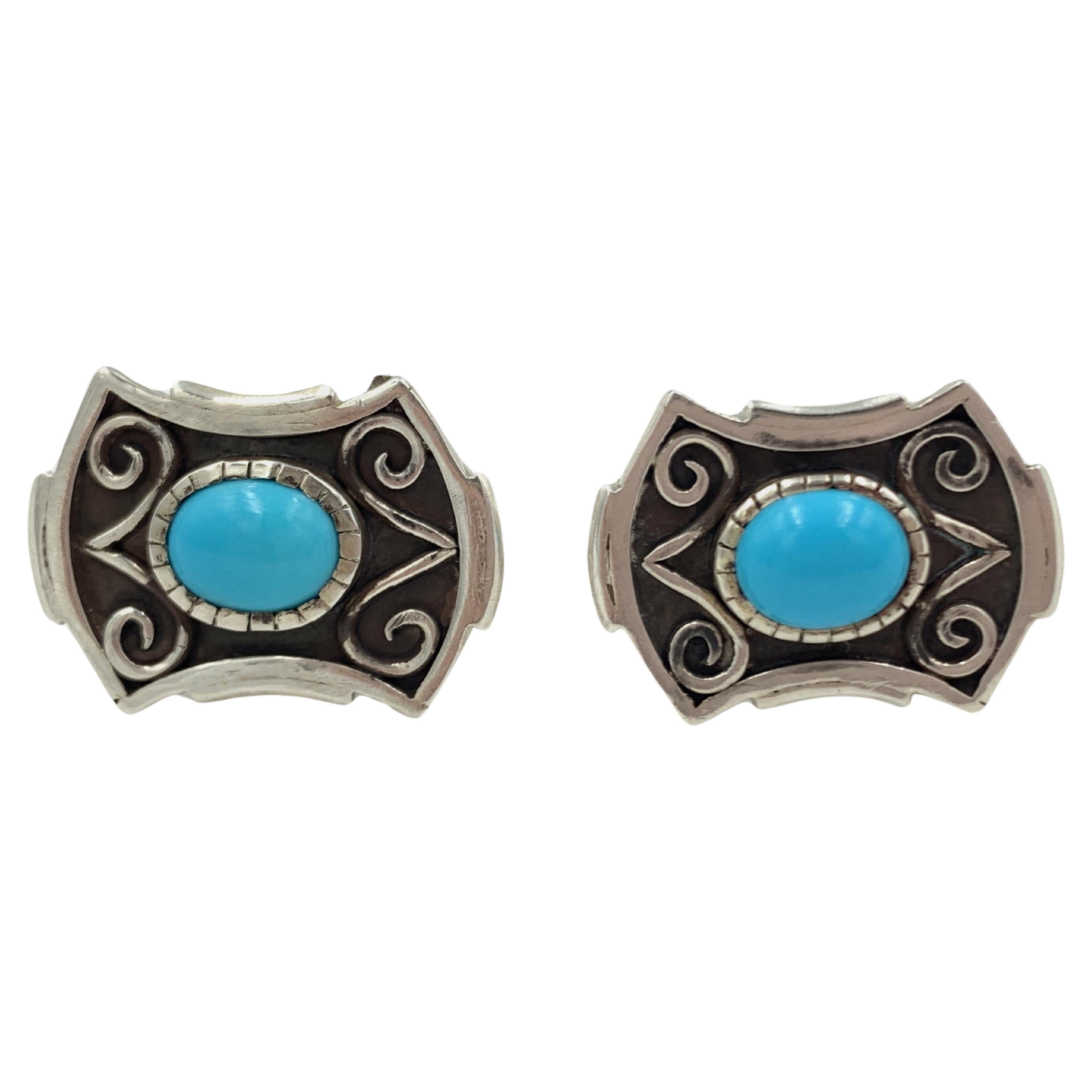Sterling Silver Cuff Links with Sleeping Beauty Turquoise Cabochon For Sale