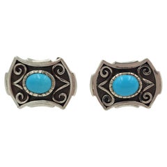 Sterling Silver Cuff Links with Sleeping Beauty Turquoise Cabochon