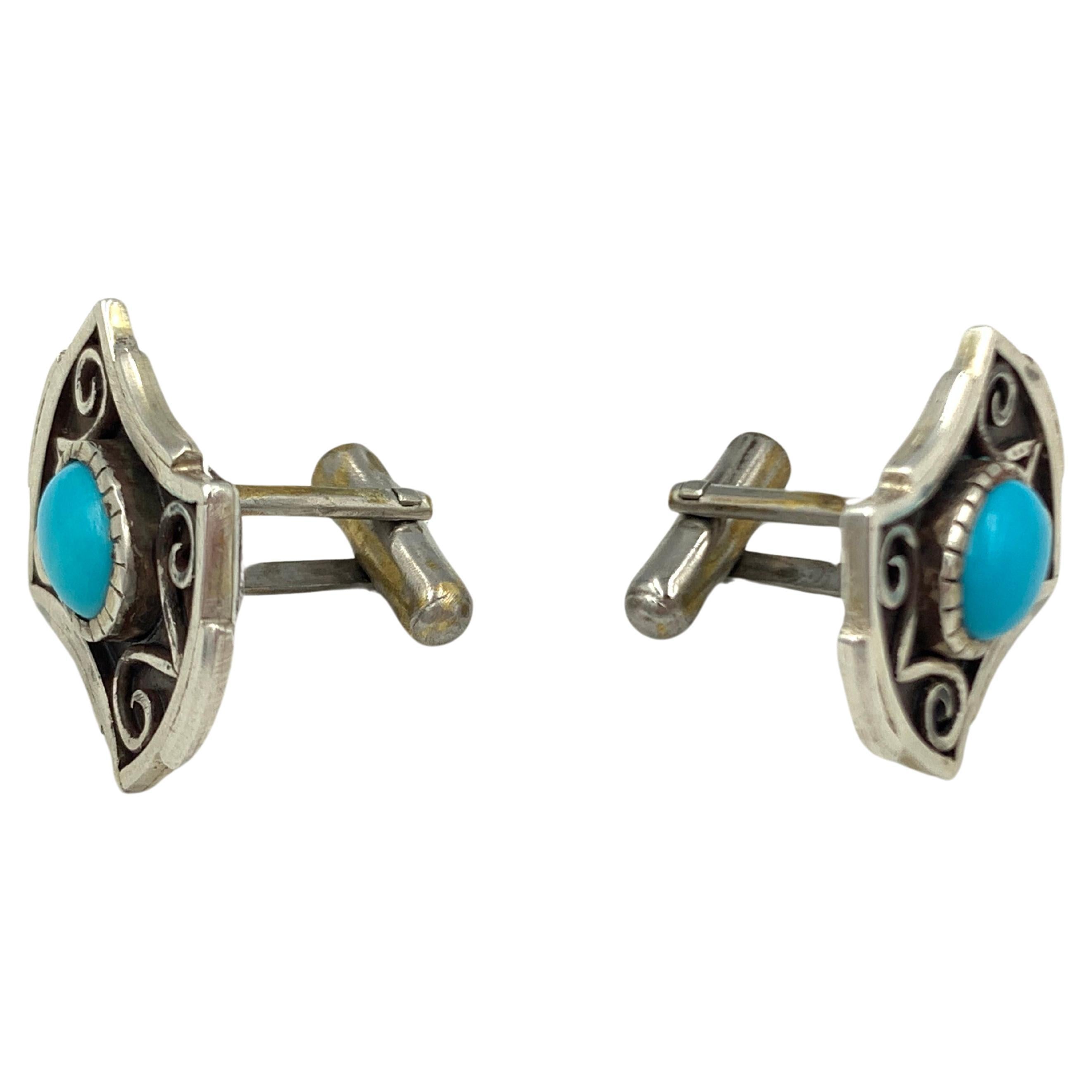 Sterling Silver Cuff Links with Sleeping Beauty Turquoise Cabochon For Sale 6