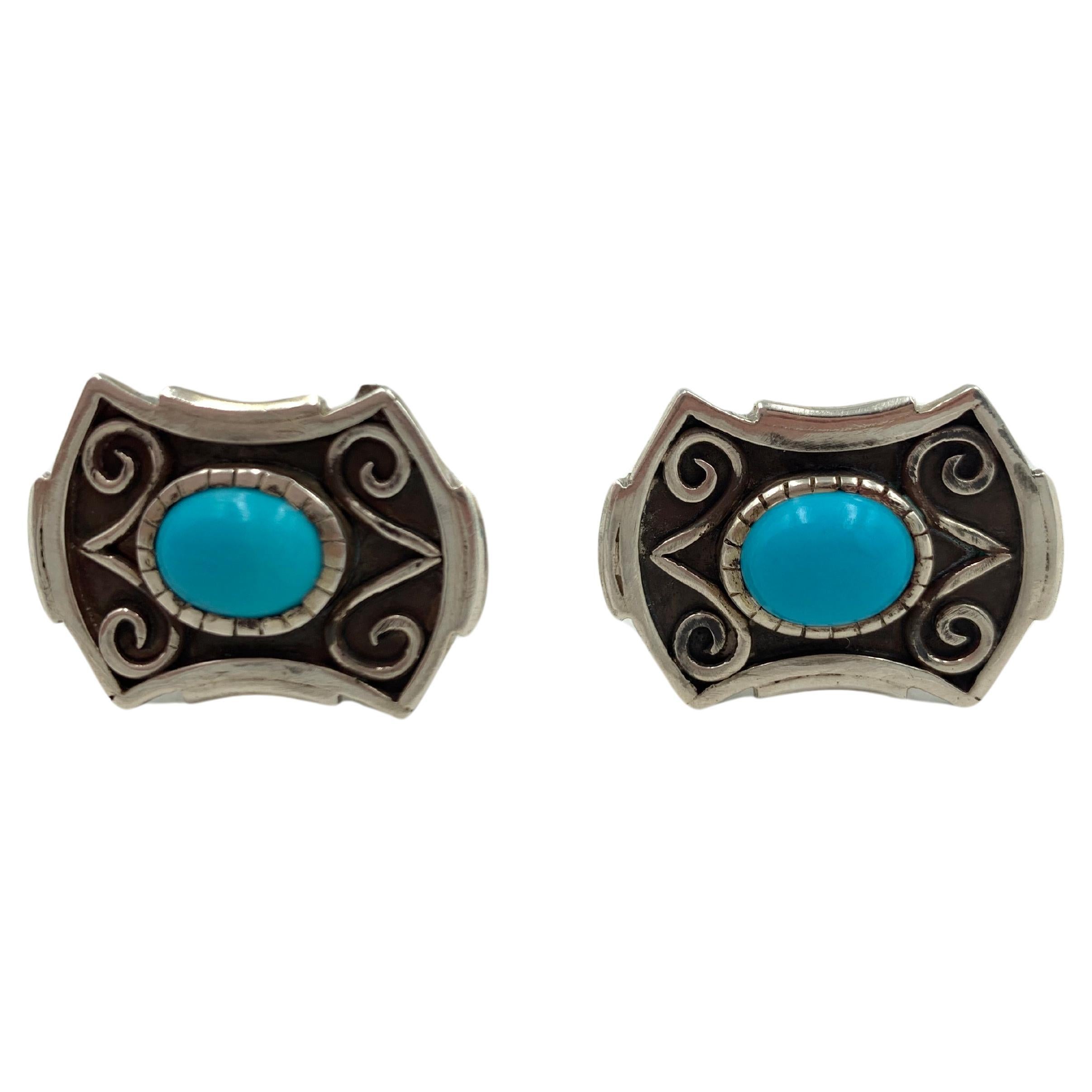 Sterling Silver Cuff Links with Sleeping Beauty Turquoise Cabochon For Sale 5
