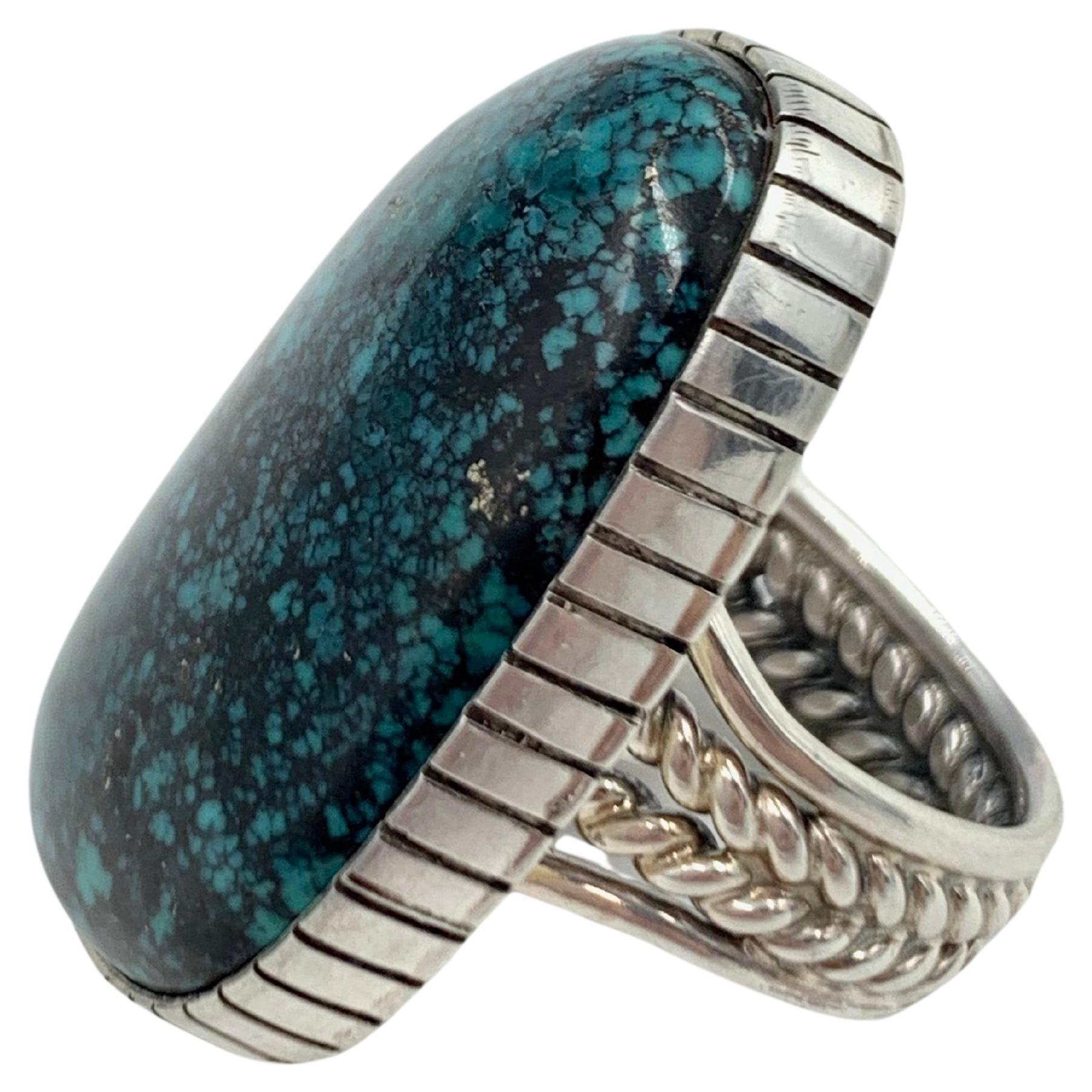 King’s Manassa Turquoise Sterling Silver Ring by Navajo Silversmith A. Lee For Sale