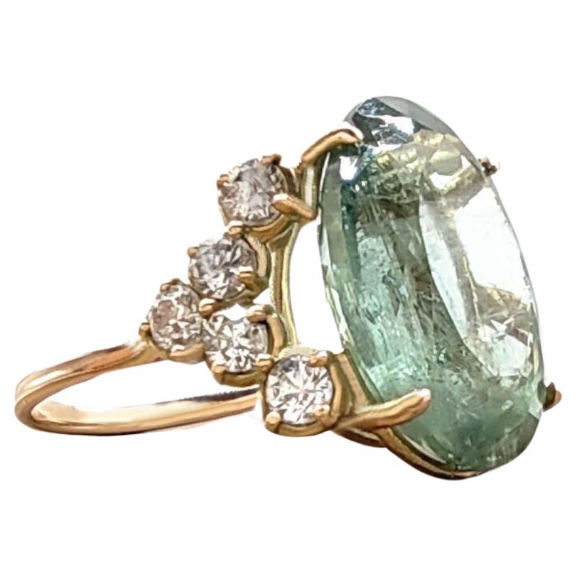 14kt Oval Green Tourmaline and  Diamond Cocktail Ring - Certified  For Sale