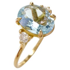 Anello a tre pietre con acquamarina naturale e diamanti da 1,98 carati in oro 18 carati  Regalo per lei